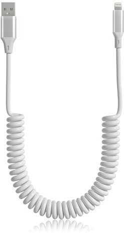 Coiled Lightning Cable for Apple CarPlay, Short USB to Lightning Cable Coil iPhone Charger Cord with Data Sync, for iPhone 14 13 12 11 Pro Max Plus Mini SE XS XR X 8 7 6 5, White