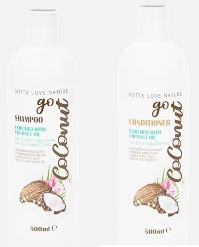 Set mit Shampoo 500 ml + Conditioner 500 ml, angereichert mit Kokosöl, spendet Feuchtigkeit, pflegt trockenes und geschwächtes Haar