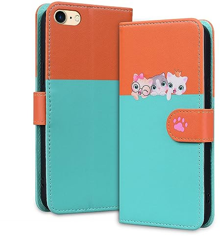 for iPhone SE 2022 3rd Gen/iPhone 2020 SE 2rd Gen Case, iPhone 7/8 Case Shockproof Leather Wallet Cases for Girls Kids Cute Cat & Dog with Card Holder Stand Silicone Flip Phone Cover, Orange & Blue