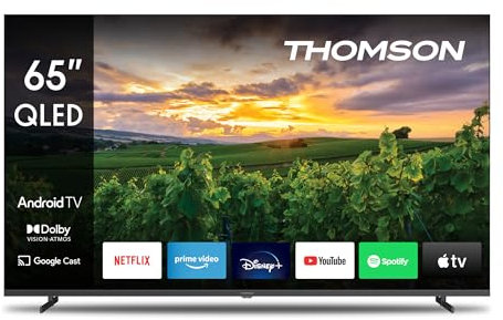 THOMSON 65 Pouces (164 cm) QLED Smart Android TV, Google Assistant, Wi-FI, Dolby Digital, Bluetooth, Triple-Tuner (Câble/Satellite/Antenne), HDMI, CI+, A+ Panneau – 65QA2S13