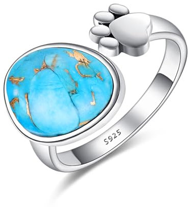 BONLAVIE Türkisfarbener Ring Damen, 925 Silber Ring mit Hundepfotenabdruck, Bronzegeäderter Türkis Ring, Boho Ring, Ring Offen Silber 925, Einstellbare Größe 52(16.6)-57(18.1)