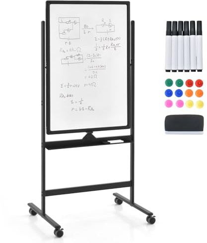 CASART Flip Chart Easel Whiteboard, Double-Sided Magnetic Dry Erase Board with Stand, Eraser, Magnets & Makers, Height Adjustable Mobile Whiteboard for Office Classroom (Black, 60 x 90cm)