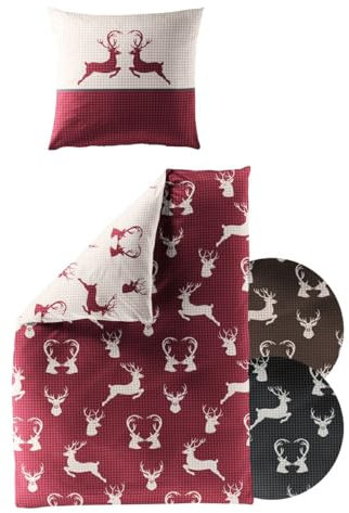 JACK by Bierbaum Biber Wende Bettwäsche 2 TLG. 135x200cm Hirsch Kariert Anthrazit Braun Rot Geweih, Farbe:Rot