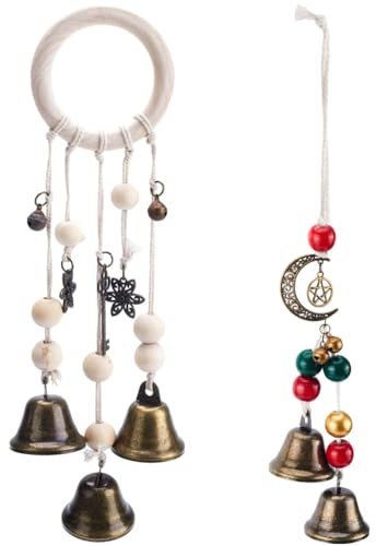 GORGECRAFT 2Pcs 2 Style Iron Witch Bells Magic Wind Chimes Door Knob Hanger with Wood Bead Alloy Moon Star Witchcraft Decor Doorknob Hanging Bells for Home Door Window Tree Wall Car Decorations