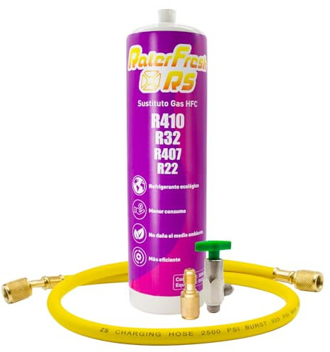 Gas Refrigerante Orgánico para Aire Acondicionado Tipo Split Ralerfresh RS equivalente a 950gr sustituto de los gases R410, R32, R407 y R22 (Botella + Manguera + Llave + Adaptador)