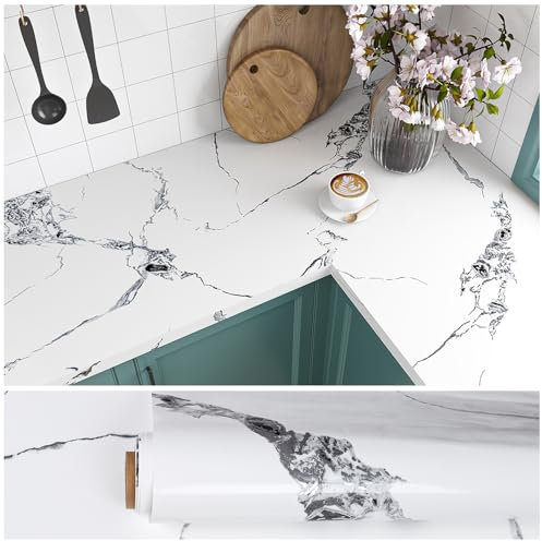 VEELIKE Modern White Silver Marble Wallpaper Thicken Marble Sticky Back Plastic Glossy Grey Marble Vinyl Wrap for Kitchen Worktop Covering Washable Bathroom Counter Top Vinyl Covering 40cm×300cm