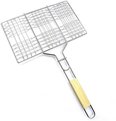 Support pour aliments avec poignée en bois - Panier de barbecue pour légumes de poisson, steak, côtelettes de crevettes - Grille en métal - 33,5 x 20 cm - Panier à légumes - Spatule pour barbecue