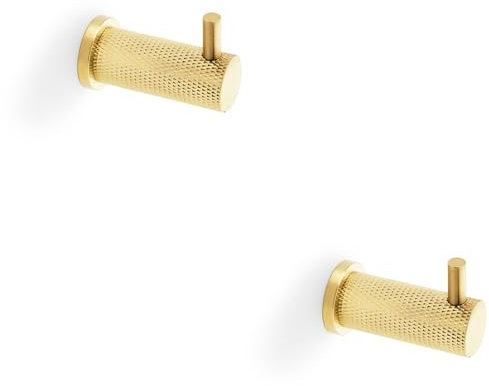 2 Pack - Solid Brass Knurled Single Robe Coat Hook - Wall Mounted Holder - Satin Brass