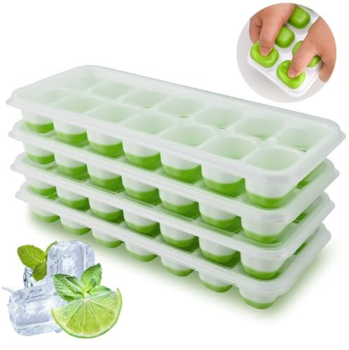 Bac a Glacon, 4 Silicone Bacs à Glaçons avec Couvercle, Glacons Moule Sans BPA à Dégagement Facile, Ice Cube Tray Pour Whisky, Cocktails, Boissons (Vert)