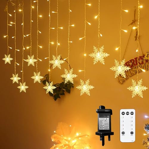 Neonawall Christmas Snowflake Lights 96LED Curtain Fairy Lights Plug in String Lights Christmas Lights Waterproof with 8 Modes Romote Outdoor Indoor Decoration for Bedroom Window Party Wedding Xmas
