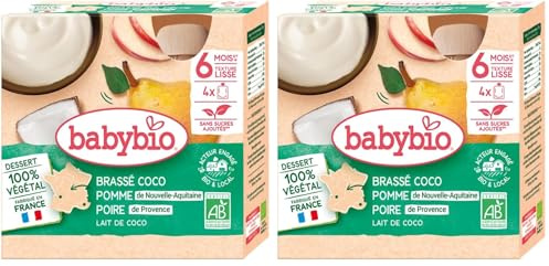 Babybio Brassés Végétaux - Gourdes Lait de Coco Pomme Poire 4x85 g - 6+ Mois - BIO (Lot de 2)