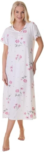 Camille Long Length White Floral Ladies Nightdress - Nighties for Women with Short Sleeves & Front Button Fastening - Lightweight Breathable Women's Nightwear