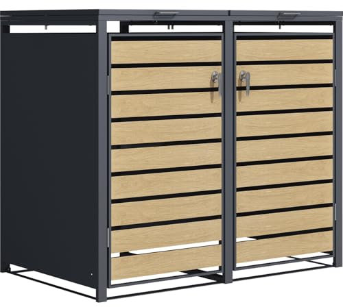 STILISTA Mülltonnenverkleidung aus Metall, für 2 Mülltonnen je 240 Liter, Anthrazit/Holz Hell