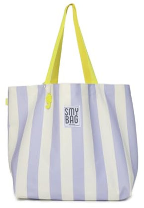 Ponette - Bolsa de Playa Familiar Estampada con Rayas Anchas Lilas y Crudas, Asas Amarillas, Forro, Bolsillo, Playa, Piscina, Tote, Marca Española