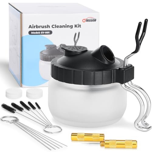 Oasser Kit di pulizia dell'aerografo Airbrush Clean Pot Barattolo di pulizia in vetro con supporto 5 aghi di pulizia/5 spazzole di pulizia/1 ago di lavaggio/8 filtri extra Kit di pulizia