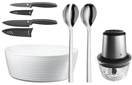 WMF Set 3-teilig Touch Messerset 2-teilig, mit Schutzhülle und Nuova Salat-Set 3-teilig, Salatbesteck 30 cm mit Salatschale und Kult X Edition Zerkleinerer elektrisch mit Glasbehälter, 320 W