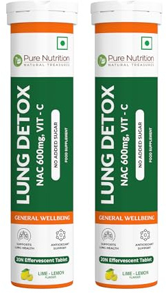 Pure Nutrition Lung Detox Effervescent Tablets, 40 Count (20x2), Lime Lemon Flavour, with NAC 600mg & Vitamin C, Supports Lung Health & Antioxidant Support