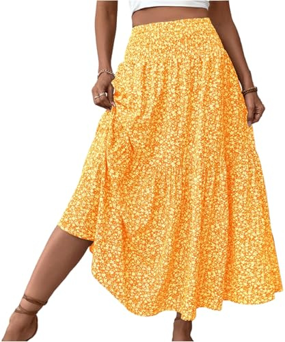 Röcke Damen Sommer Kordelzug Bohemien Druck Strandrock Leinenrock Elastische Bund Lang Maxi Skirt Strandkleider Plissee Elegant Sommerrock Maxi Skirt Knielang Hosenrock（8-Yellow，M）