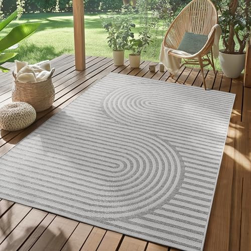 SIMPEX Outdoor Teppich Wetterfest Grau 240x340 cm, UV-beständig, ideal für Küche, Balkon, Terrasse, Garten Wohnzimmer Esszimmer, Skandinavisches Boho-Design, Pfelgeleicht