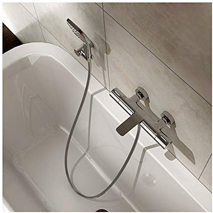 WOTZOV Moderner thermostatischer Badewannenhahn aus Messing zur Wandmontage, Bad- und Duschmischbatterie mit Handbrause, Gold，Chrome