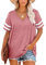 NARRAME T-Shirt surdimensionné à Manches Courtes et col en V pour Femme - Rayé - Été décontracté Grande Taille Uni Rose foncé XXX-Large 3XL 54-56