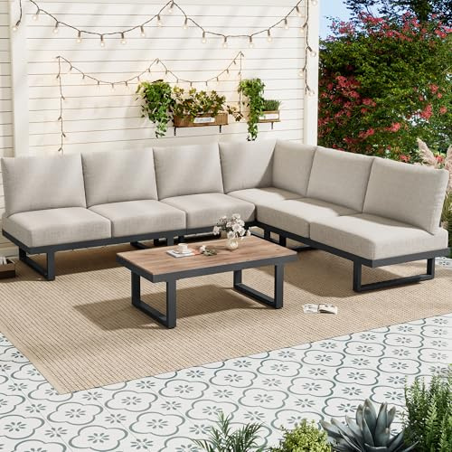 Jaxenor Ensemble de meubles de salon d'extérieur 5-6 places avec canapé d'angle, table basse, canapé de balcon, canapé pour jardin, peut être transformé en lit long, gris