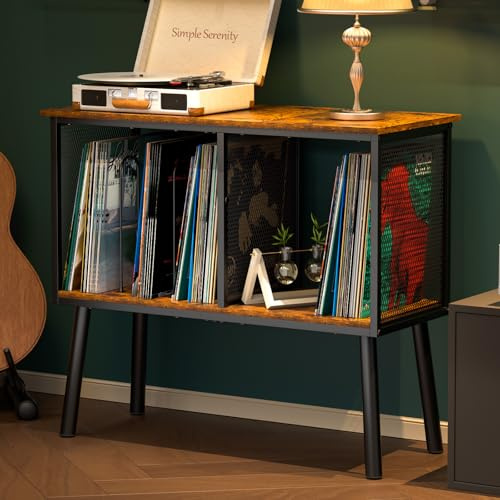 Record Player Stand with Adjustable Divider Vinyl Storage Holder Up to 200 Albums Mid-Century Large Record Player Table Vinyl Holder Turntable Stand End Table for Bedroom & Living Room, Patent Pending