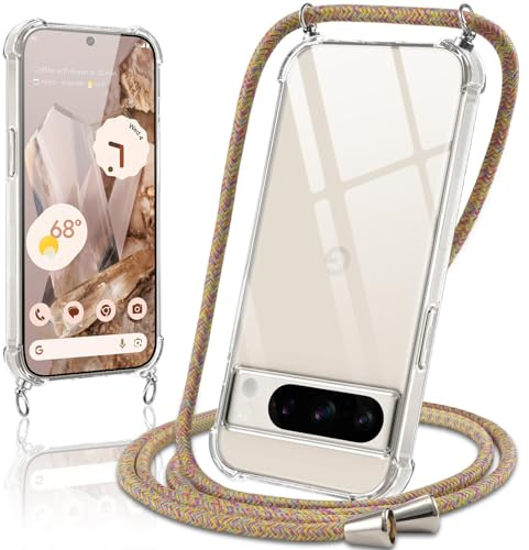 Coiwxmoi Handyband Handyhülle für Google Pixel 8 Pro Hülle mit Band,Transparent Case mit Kette Abnehmbar zum Umhängen Kordel Schutzhülle,Weich Silikon Stoßfest Cover für Google 8 Pro 5G,Regenbogen