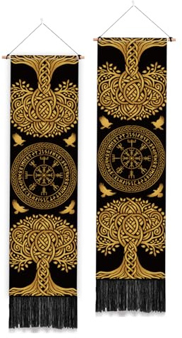 PLIGREAT 2 Stück Goldener Wikinger Wandteppich Lang Dekorativ Ästhetisch Vertikal Lebensbaum Motiv Wandbehang Mit Quasten Für Schlafzimmer Wohnzimmer Heimdekoration 52 x 13cm