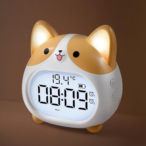 Lafocuse Réveil Numérique Corgi, Rechargeable Réveil pour Enfants avec Lumière Nocturne, Doubles Alarmes, 6 Sons d'alarme, Fonction Snooze, Minuterie, Luminosité et Volume Réglables pour Table de Nuit