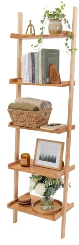Relaxdays Leiterregal Walnussholz, 5 Etagen, Bad, Küche, Wohnzimmer, Natur | Standregal zum Anlehnen, HBT: 189x56x33 cm
