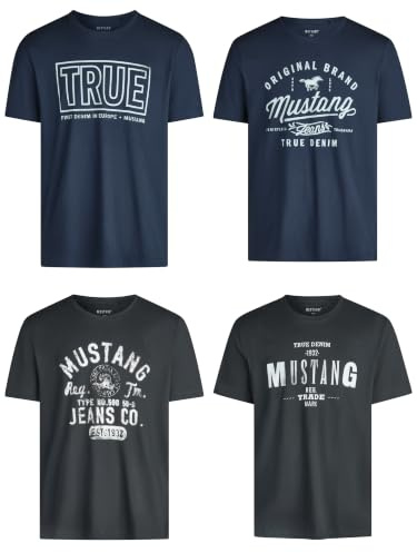 MUSTANG Tshirt Herren Baumwolle Regular Fit 4er Pack Set Rundhals Kurzarm Sommer Tee Shirt Logoprint Schwarz Weiß Grau Blau Grün S M L XL XXL 3XL 4XL 5XL 6XL