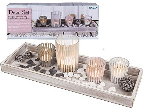 MC Trend Set de décoration avec plateau en bois et 4 photophores en verre Pierres et éléments de décoration Idée cadeau pour maman ou grand-mère