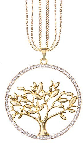 Mianova Damen Lange Halskette Kette Lebensbaum Anhänger mit Swarovski Elements Strass Kristall Steinen Lang Gold Groß