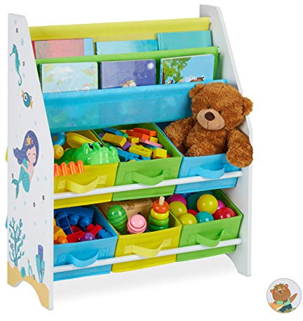 Relaxdays Kinderregal, Meer Motiv, 6 Boxen, 2 Fächer, Kinderzimmer, Spielzeug Aufbewahrung HBT 74 x 62 x 31,5 cm, bunt