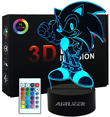AIRUEEK Sonic Spielzeug Nachtlicht 3D Lampe-16 Farbvariationen/1 Fernbedienung/1 Schwarzer Sockel/-Schlafzimmer Dekoration Kreative AnimeSonic Hedgehog Geschenke für Jungen Kinder