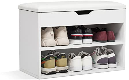 Mondeer Schuhbank, Schuhbank mit Sitzfläche aus Holz, 60 x 30 x 43 cm Schuhregal mit Sitzbank für 8 Paar Schuhe, Weiß