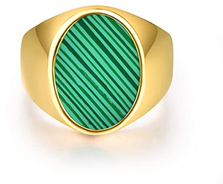 NUNCAD Gold Siegelring für Herren Damen aus Wolframcarbid mit Malachit Inlay Massiv Oval Siegelring Punk Biker Ringe Ringgröße 62