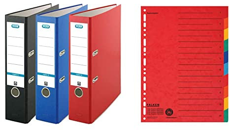 Elba Ordner A4, smart Original, 8 cm breit, 3 Farben, rot/blau/schwarz, 3 Stück & Original Falken Karton-Register überbreit für DIN A4+ 24,5 x 30 cm volle Höhe