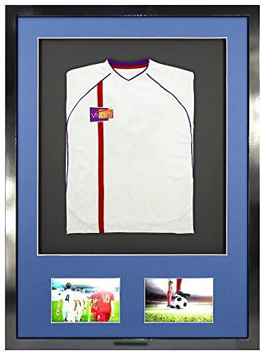 Vivarti Infant 3D Mounted Double Aperture Sports Shirt Display Frame - 50x70cm - Gloss Black Frame, Blue Mount, Black Backing Card