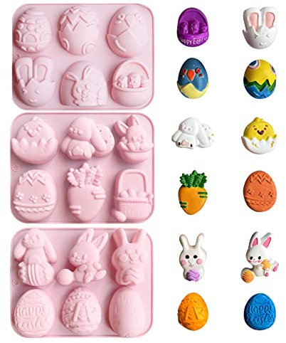 Bekecidi 3 Pieces Easter Chocolate Moulds Silicone, Easter Egg Rabbit Shape Silicone Moulds DIY Soap Candy Jelly Cake Baking Molds Silicone Bunny Egg Mould for Easter Party Decoration