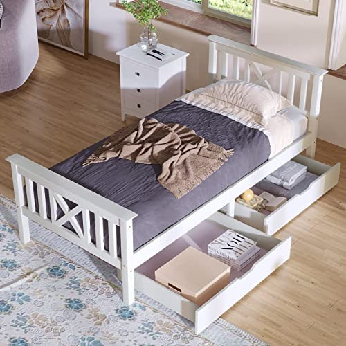 Bett Weiß, Bett Schubladen 90X200cm Einzelbett aus Massivholz mit Kopfteil für Teenager und Erwachsene Im Minimalistischen Stil