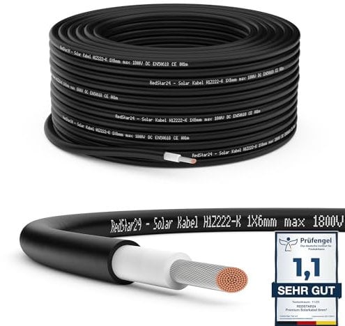 RedStar24 Premium Solarkabel 6mm² Schwarz - 50m - TÜV SÜD geprüft - UV-beständig, flexibel, Photovoltaik Kabel, PV Kabel, Solar Anschlusskabel für Solarpanel, Wechselrichter & Laderegler - langlebig