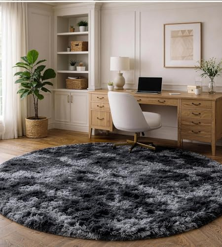 ROHATIM Teppich Schlafzimmer Rund 150 cm Dunkelgrau Waschbar Rutschfester Runder Hochflorteppich Wohnzimmer Kinderzimmer Flauschig