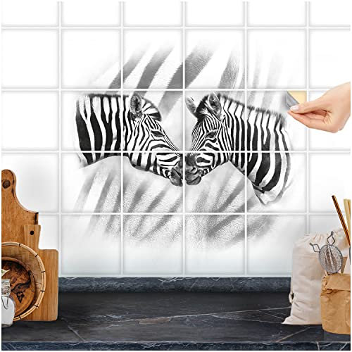 FoLIESEN Fliesenaufkleber - Deko-Bild für Bad, Küche, Badezimmer - Dekoration Fliesen-Bild selbstklebend - Zebras, Fliese - Bild (BxH):15x20 cm - 45x40 cm / 6-tlg.
