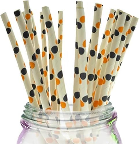 EXPECTRO Paper Straws 25pcs, Drinking Straws Bio Degradable Drinking Paper Straws Wedding Party, Party Straws, Restaurant, Juice Drinking Straws (White with Orange & Black Dots)