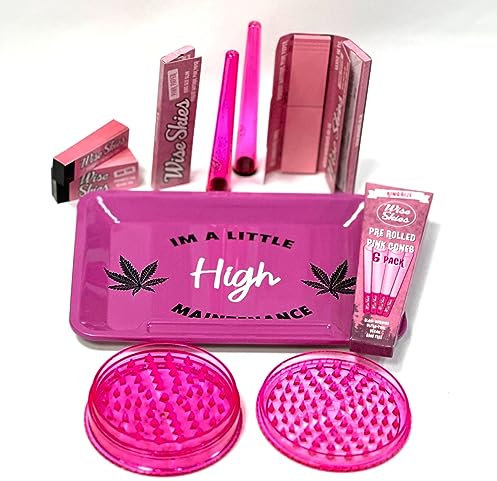 Wise Skies Pink High Maintenance Rolling Tray Set Choose Your Crusher Rolling Papers Tips Cone Holder Pre-Rolled V-Holder (90mm Set)