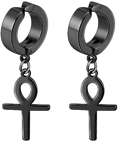 Flongo Creolen Ohrklemme mit Ankh Ägyptischen Kreuz Anhänger schwarz Ohrringe Ohne Loch edelstahl Baumeln non-piercing ohrklipp ear clips earrings für Damen Herren mädchen