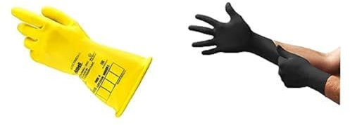 ActivArmr E014Y Guanti Dielettrici, Classe 0 (Tensione fino 1000V) Giallo, Taglia XL (1 Paio) + Microflex 93-852 Guanti Monouso in Nitrile, Senza Lattice ne Polvere,Neri, Taglia XL (100 guanti)