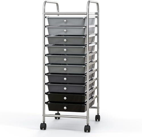 COSTWAY 10 Drawers Storage Trolley, Home Office Stationary Rolling Cart with 4 Wheels, Multipurpose Mobile Organiser Shelving Unit for Makeup Beauty Salon (Gradient Black)
